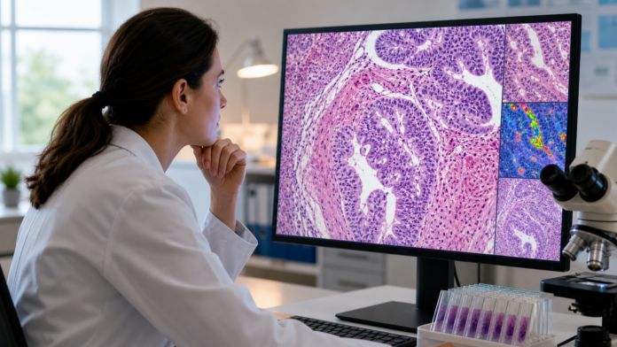 Pathology researcher examining a magnified digital tissue slide beside a microscope in a modern laboratory