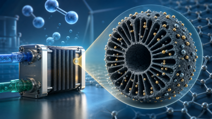 Artistic landscape illustration of a hydrogen fuel-cell stack beside a magnified porous carbon sphere with orderly nanochannels, in a clean blue and gold palette