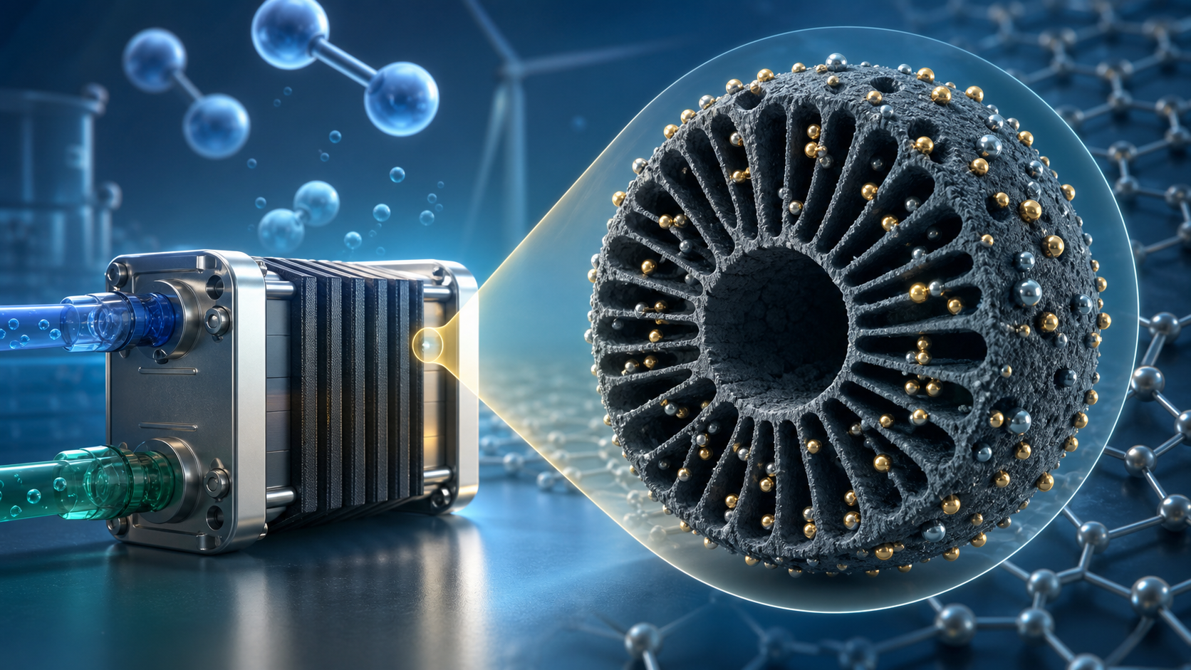 featured Artistic landscape illustration of a hydrogen fuel-cell stack beside a magnified porous carbon sphere with orderly nanochannels, in a clean blue and gold palette