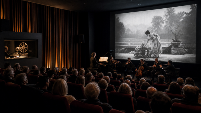 Audience watching a black-and-white silent film accompanied by a live orchestra in a dark cinema