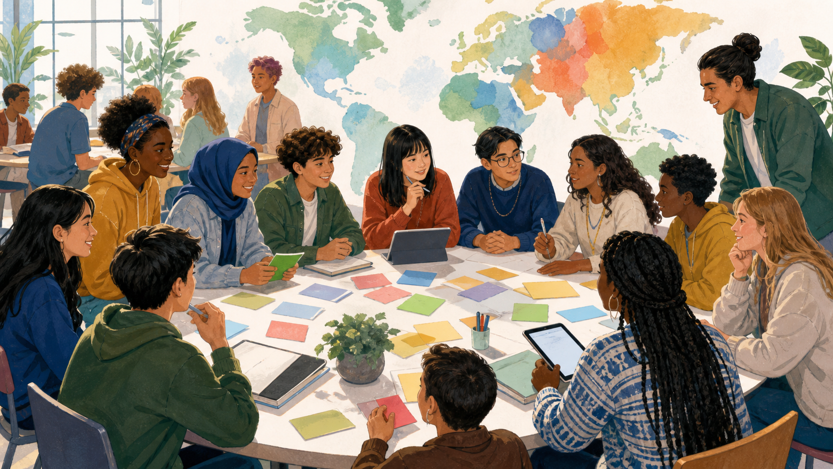 Young people gain a formal voice in shaping education beyond 2030 Diverse young people collaborating around a table during an illustrated global education workshop