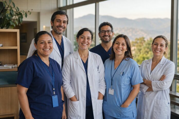 A diverse team of healthcare professionals in a bright Chilean clinic