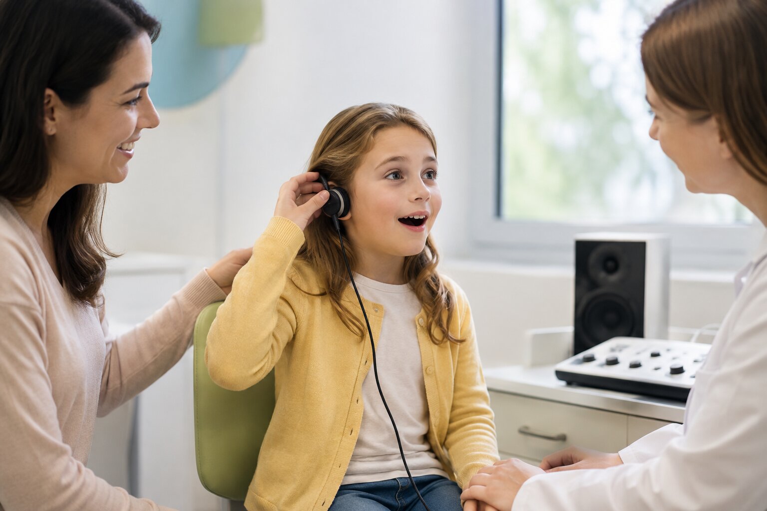 Gene therapy hearing trial A child taking part in a hearing test with a parent and audiologist