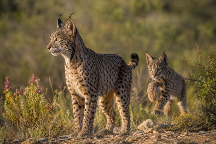 An adult Iberian lynx and cub in Mediterranean scrubland