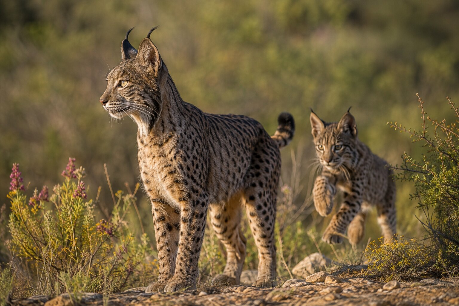 Iberian lynx recovery An adult Iberian lynx and cub in Mediterranean scrubland