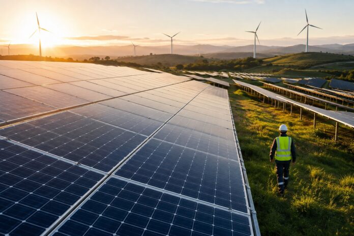 A worker walking beside solar panels with wind turbines on the horizon